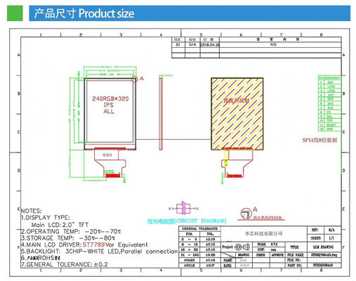 2.0 Inch IPS TFT Display with 240(RGB)x320 Resolution ST7789V IC  500nits SPI 4W interface 3LEDS All View TFT Color Display